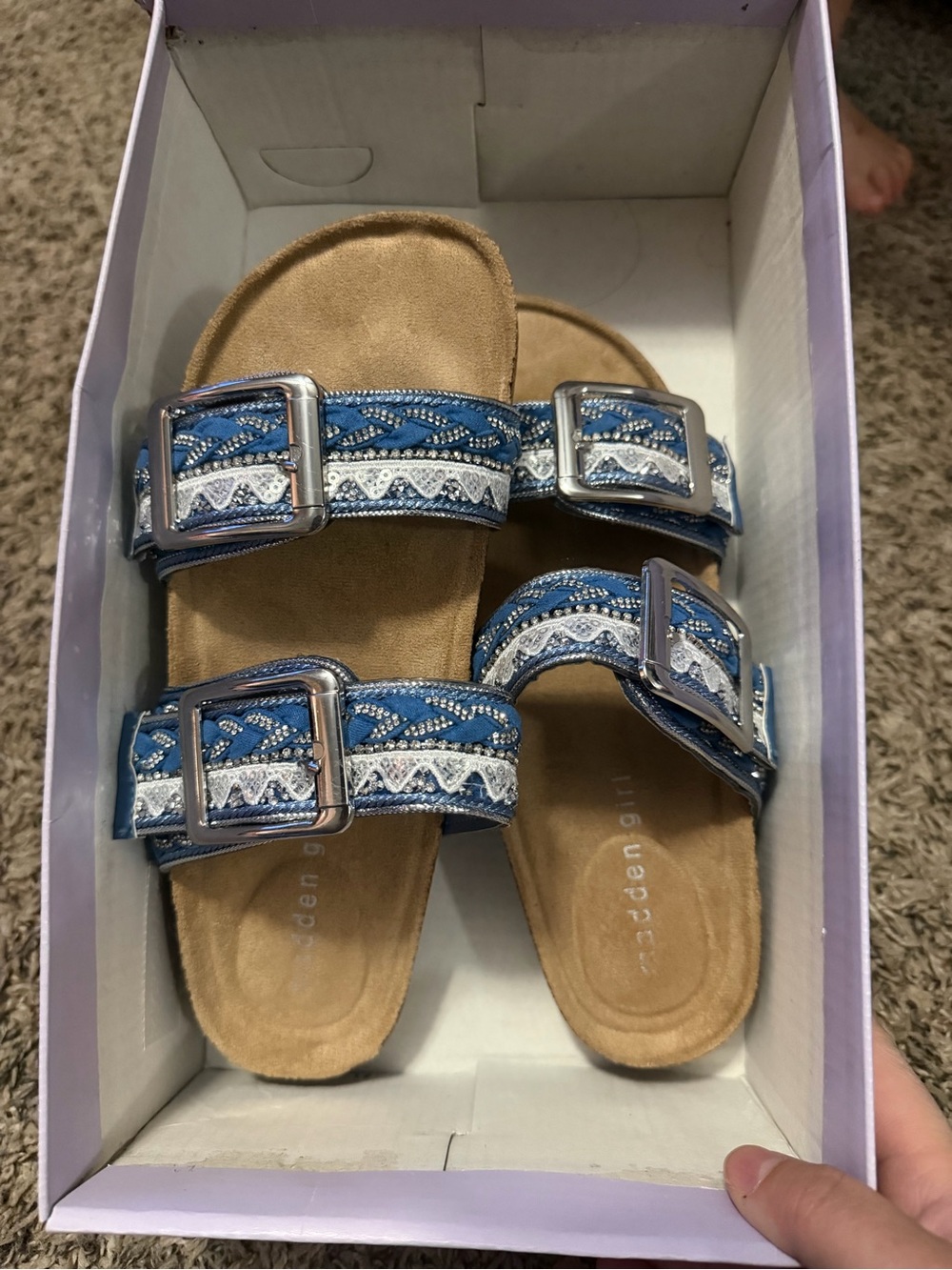 Madden Girl Blue Embroidered Slide Sandals with Silver Buckles